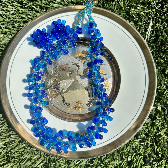 Vintage CZECH element blue teardrop glass beads clips on earrings and necklace - Picture 2 of 16